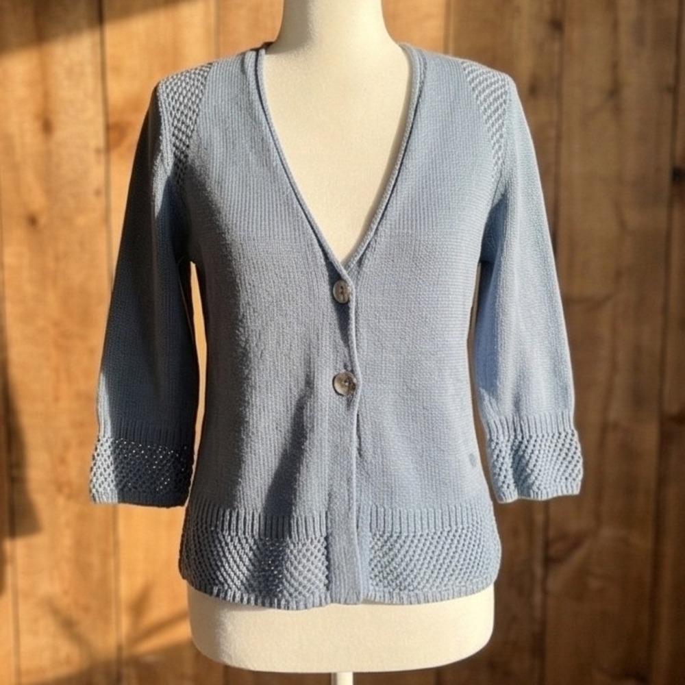 Dismero Italy Vintage Blue Knit V-Neck Cardigan‎ Sweater Womens Large 3/4 Sleeve